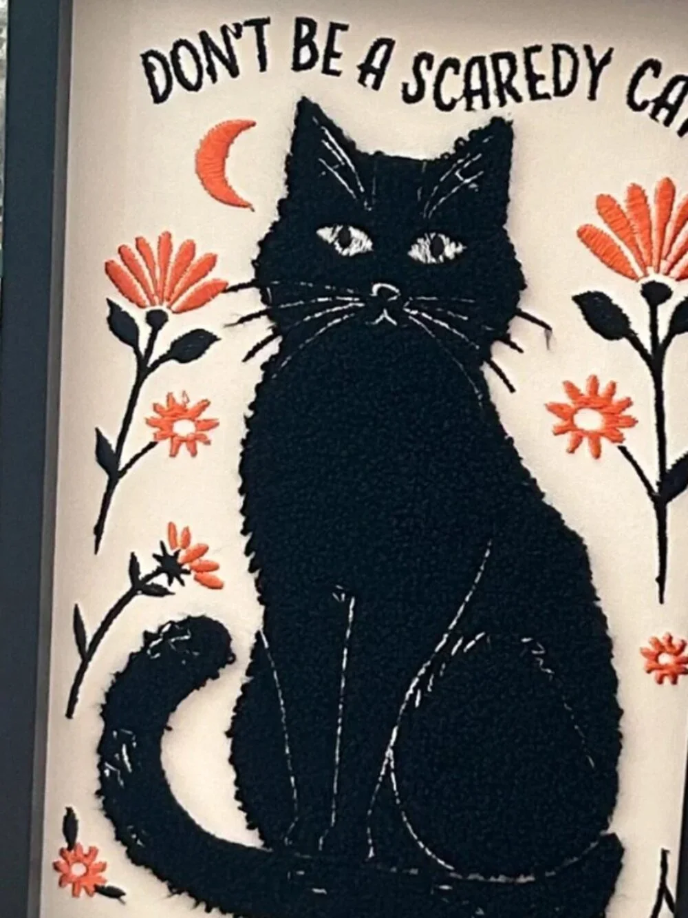 Halloween Black Framed Witch Cat Don't Be a Scaredy Cat Embroidered Sign New